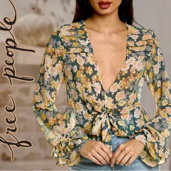 FREE PEOPLE Maybel Tie-Front Ruffled Blouse (Green/Pink) - Picture 3 of 7